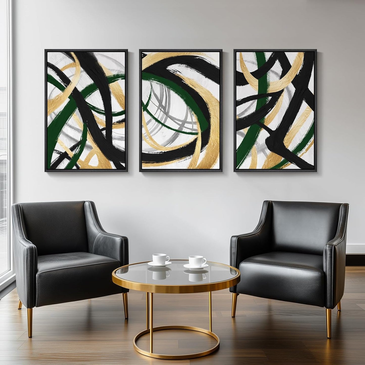 Large Framed Abstract Wall Art for Living Room, Set of 3 Modern Canvas Prints Painting Artwork for Walls, Black Green and Gold Brush Stroke Pictures for Hallway Dining Room Office Wall Decor 24x36 In