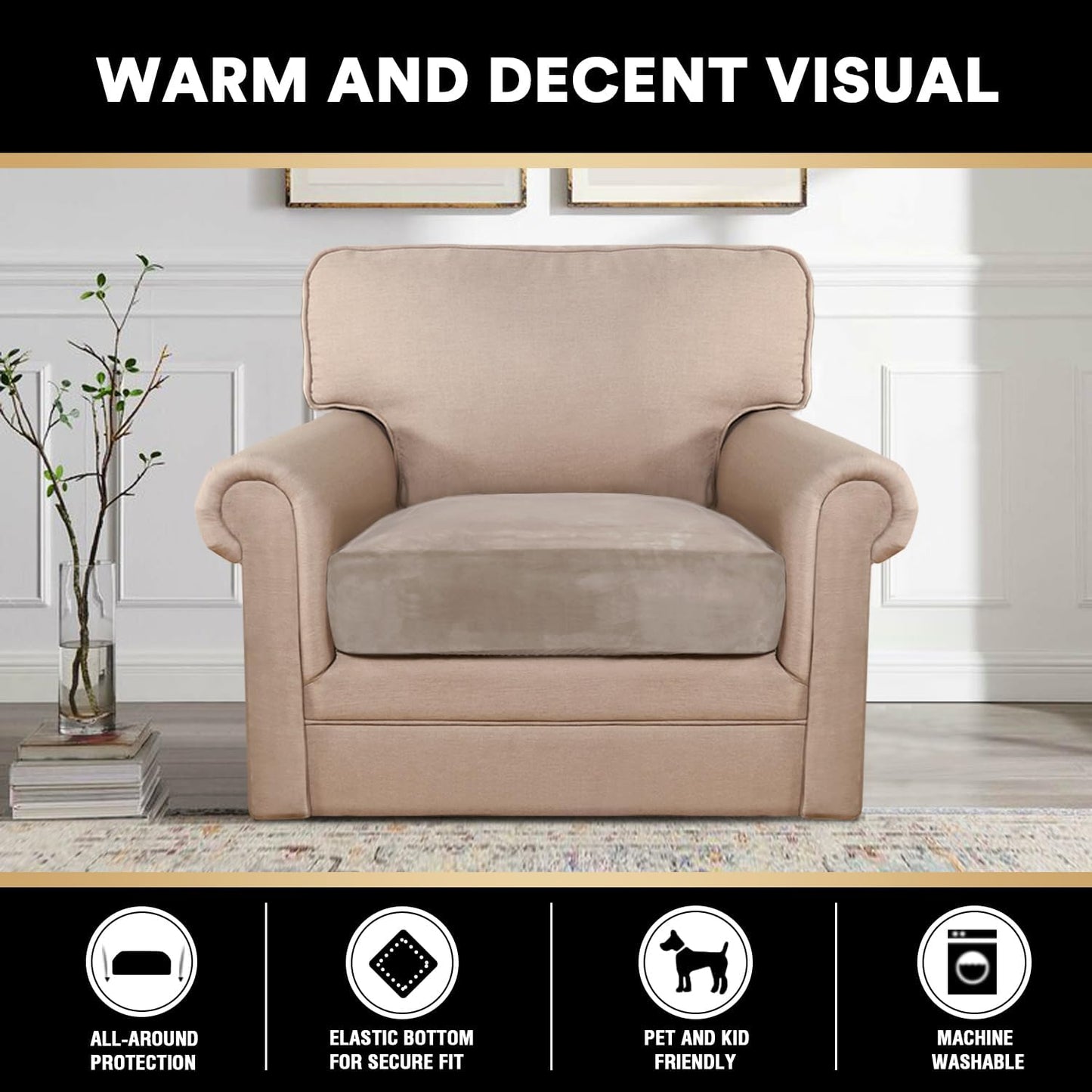 PrinceDeco Stretch Velvet Couch Cushion Cover,Soft Fitted Cushion Slipcover for Arm Chair Sofa Cushion Furniture Protector Seat Cushion Sofa Cover Width Up to 29.5", Oatmeal