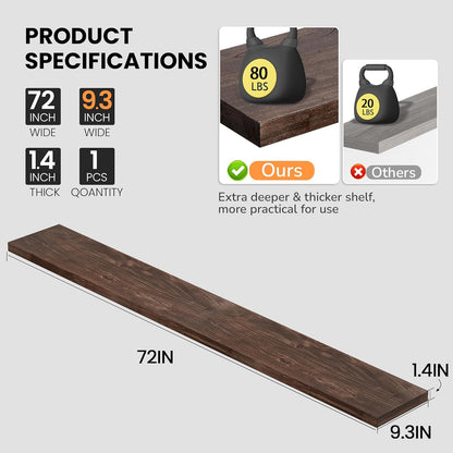 Fun Memories Floating Shelves for Wall, 72"x9.3" Rustic Solid Elm Wood Wall Shelves, Heavy-Duty Wall Mounted Shelves with Invisible Brackets, Set of 2 for Living Room, Bedroom, Kitchen, Walnut Finish