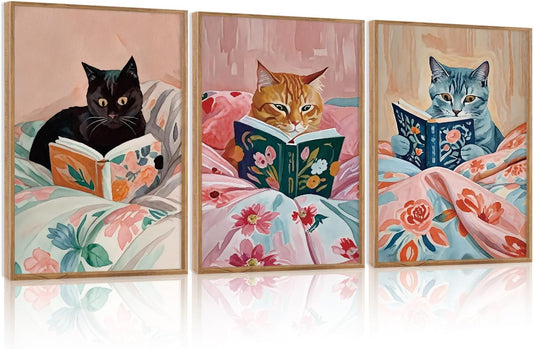 HPNIUB Framed Vintage Black Cats Canvas Wall Art, Funny Animal Reading Books Poster Printing Pictures, Pink Cute Cat Lovers Wall Decor for Girls Room Bedroom Kids Room Living Room Classroom- 16 x24 x3