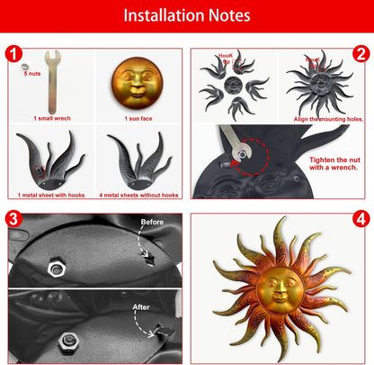 Metal Sun Wall Art Decor-17.3 inches Rustic Retro Metal Sun Hanging Decoration for Indoor Outdoor,Gift for Mom Dad Friends(Gold)