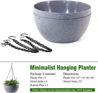 WOUSIWER 13 inch 2 Pack Large Hanging Planters for Indoor Outdoor Plants with Drainage Holes and Chain, Round Hanging Flower Pots for Garden Home Porch Decor, Grey Speckles