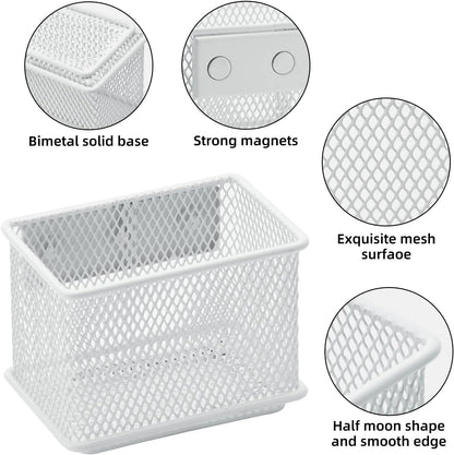 dedoot 2 Pack Pen Holder, 3.45x2.3x2.6inch Magnetic Basket Locker Organizer Metal Mesh Pencil Memo Holder for Whiteboard, Fridge, Desk, Offices,White