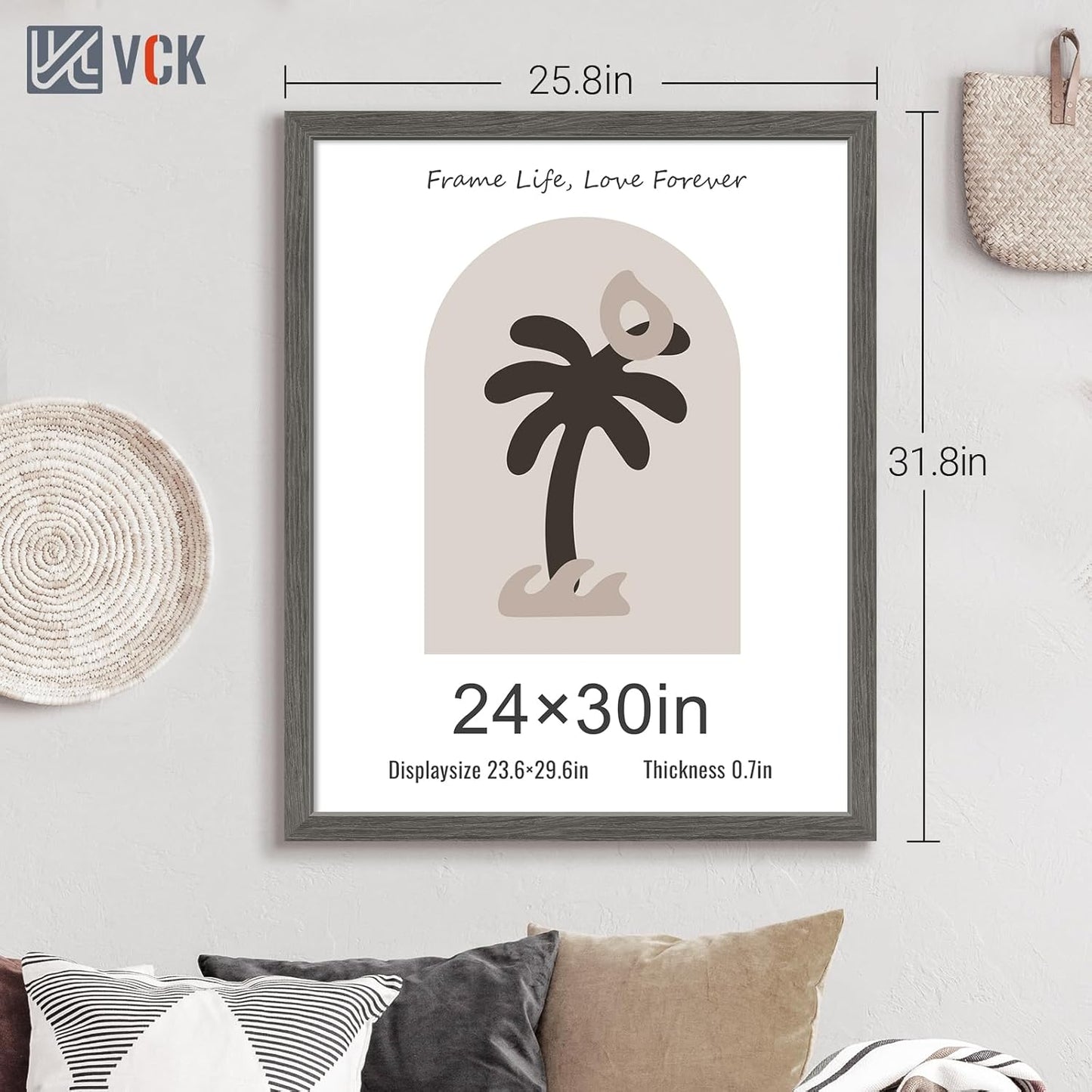 VCK 24x30 Frame Set of 3, Gray Solid Wood Poster Picture Frame, Exclusive Wood Grain, Wall Mounting Hanging