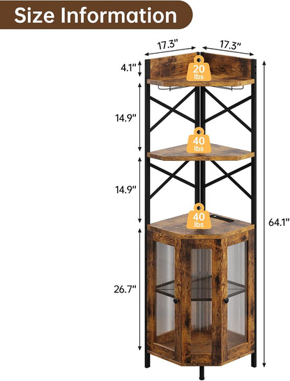 Corner Bar Cabinet with Power Outlet, 5-Tier Corner Wine Cabinet with Led Strip and Glass Holder, Industrial Tall Liquor Cabinet Bar Wine Rack for Home, Rustic Brown