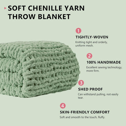 L'AGRATY Chunky Knit Blanket Throw - Soft Chunky Throw Blanket 50x60: 100% Hand Kintted Chenile Crochet Throw Blanket for Couch - Large Cable Knit Chunky Blanket for Home Decor(Sage Green)