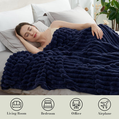 Amélie Home Faux Fur Throw Blanket for Couch, Cozy Fuzzy Fluffy Fur Luxurious Soft Striped Plush Gift Blankets for Family Sofa Chair Bed Living Room Bedroom, 55"x70", Navy Blue
