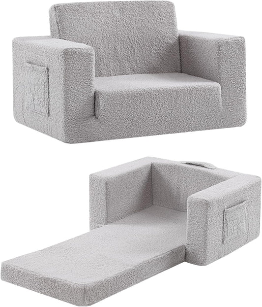 Toddler Chair Sherpa Kids Couch, 2-in-1 Toddler Soft Kids Sofa Toddler Lounger Chair for Bedroom