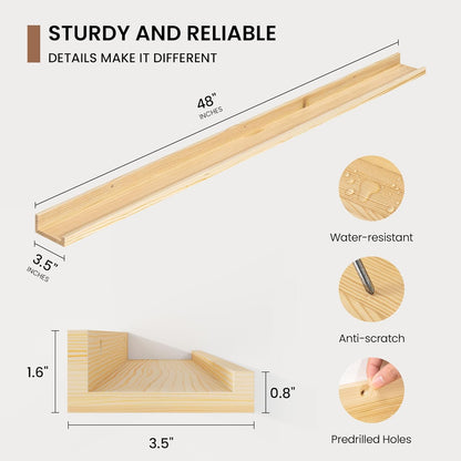 Picture Ledge Shelf, Solid Pine Wood Floating Shelves Set of 2, 48 Inches Nursery Book Shelves for Toys Storage, Kids Bookshelf Wall Mounted for Living Room Decor Photo Frames, Unfinished Natural