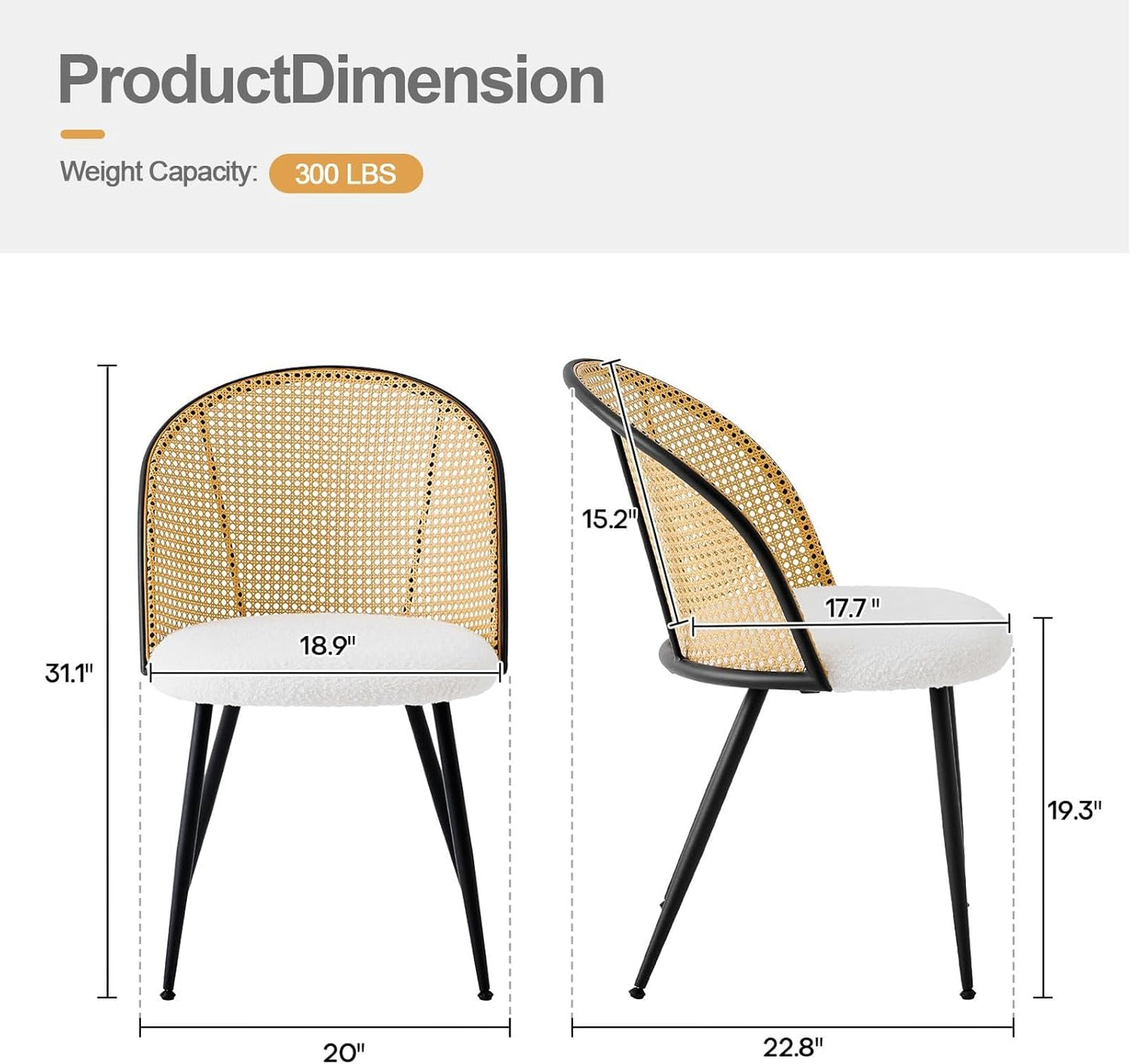 Rattan Dining Chairs Set of 2, Mid-Century Modern Kitchen Dining Room Chairs with Full Cane Backrest Armless Upholstered Farmhouse Boucle Dining Chairs with Metal Leqs for Dining Room, White