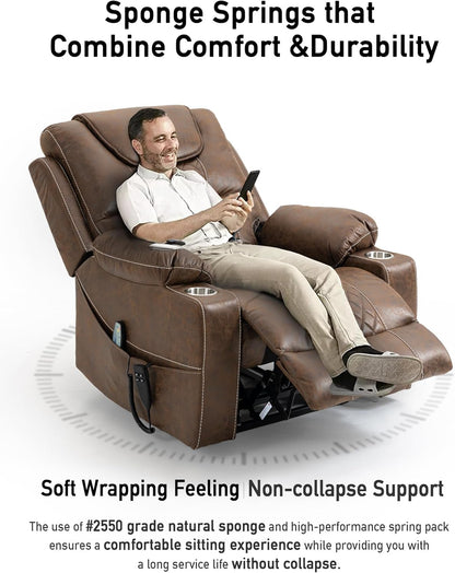 Large Power Lift Chairs Recliners for Elderly with Heated and Massage, Upgraded Dual Motor Lay Flat Recliners, 25in Extra Wide Seat, Cup Holder, Side Pocket…, Brown/Breathing Leather