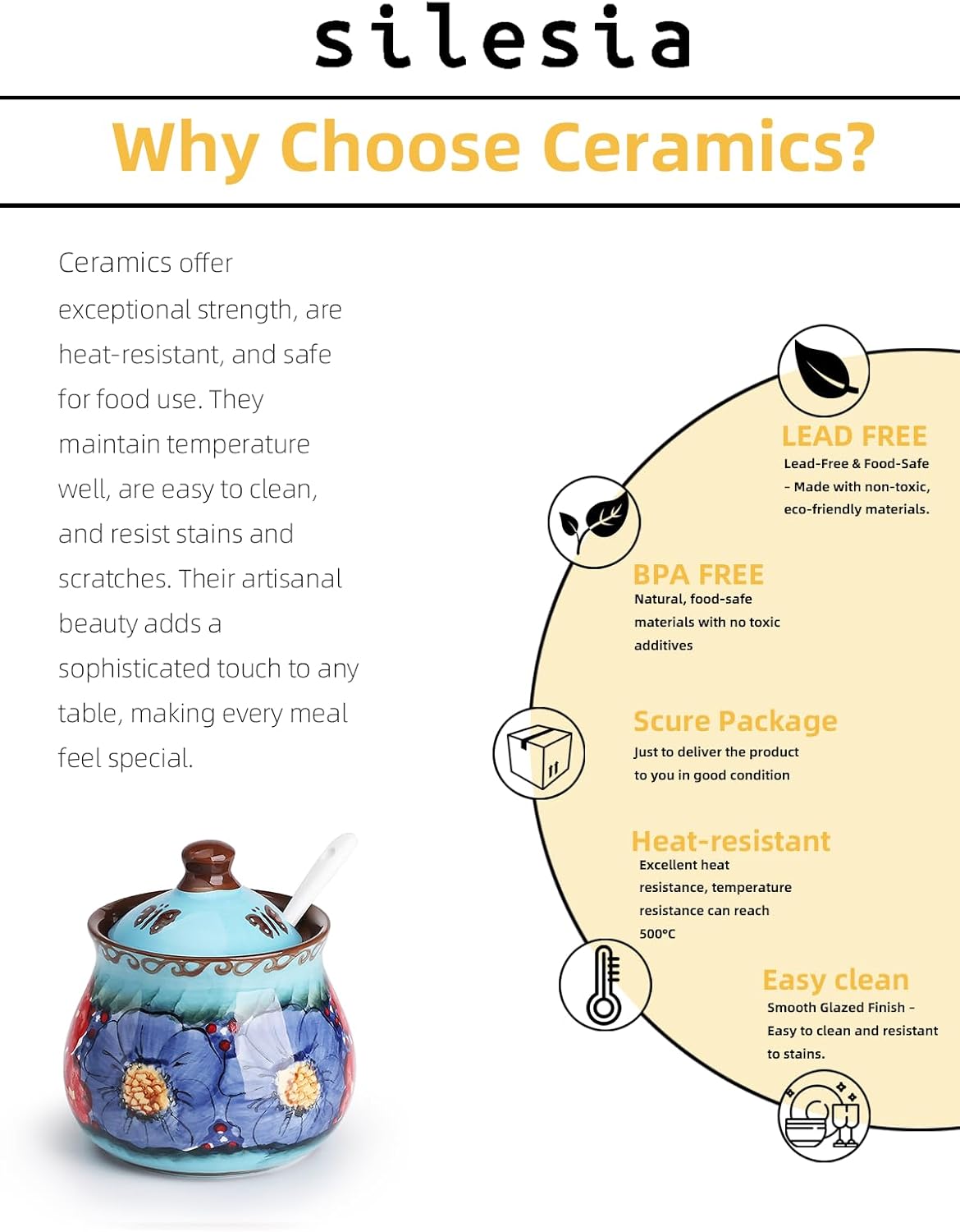 silesia Handmade Sugar Bowl with Lid and Spoon, 9 Ounce Ceramic Hand-Painted Sugar Jar for Home in Gift Box, Kitchen Decor, Oven, Dishwasher & Microwave Safe, Glazed Blue