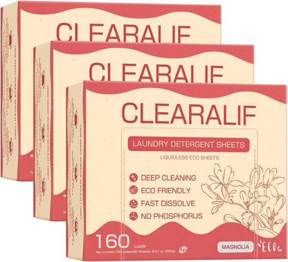 CLEARALIF Laundry Detergent Sheets Up to 160 Loads, Magnolia - Great For Travel,Apartments, Dorms,Laundry Detergent Strips Eco Friendly & Hypoallergenic - 3 PACK