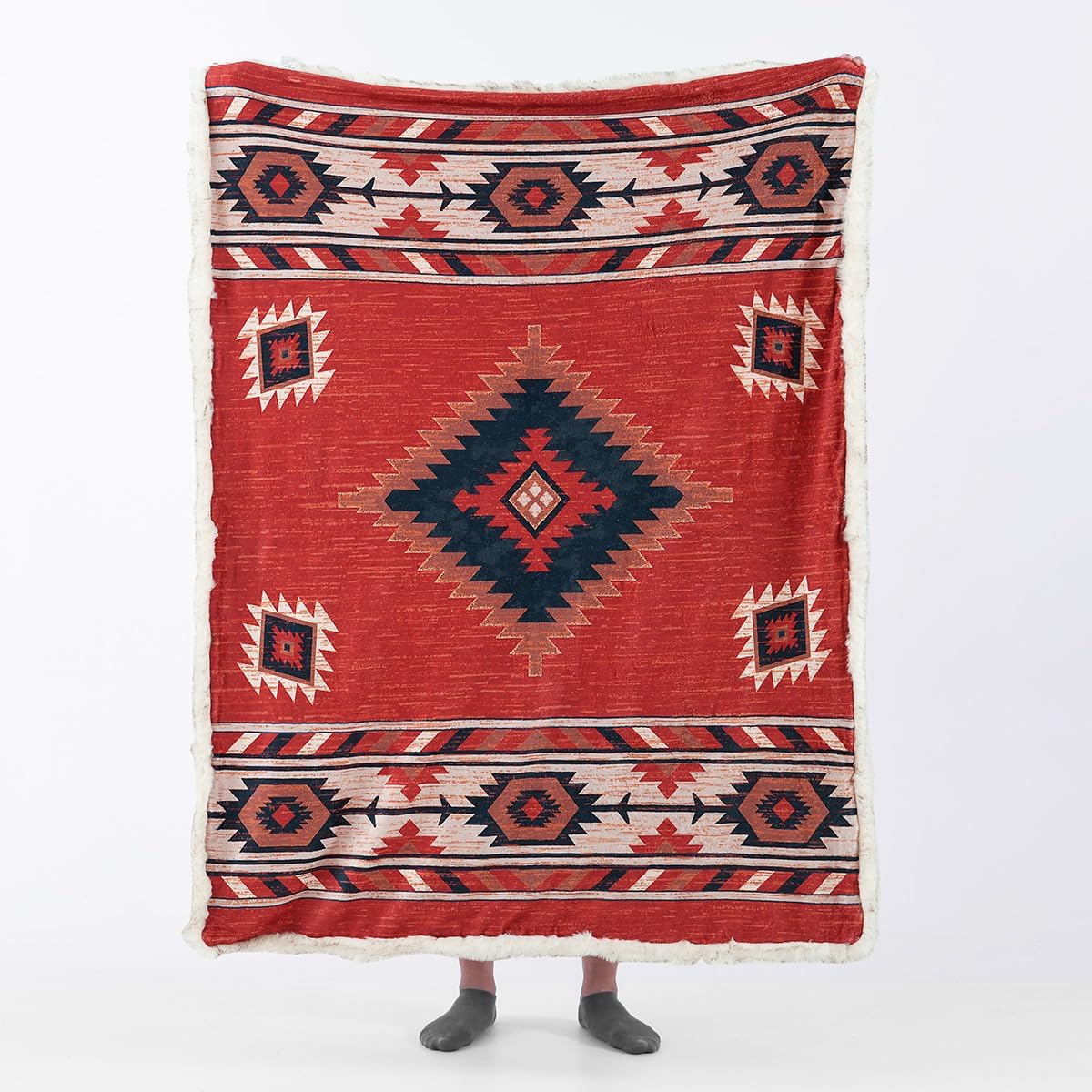 Luxury Plush Faux Fur Throw Blanket with Aztec Pattern, Super Warm, Fuzzy, Elegant, Fluffy Decoration Blanket for Couch, Armchair, Sofa and Bed, 50''x 60'', Red