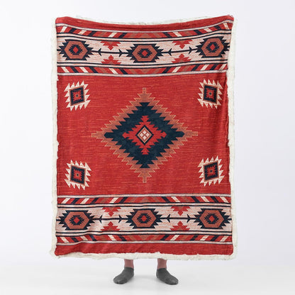 Luxury Plush Faux Fur Throw Blanket with Aztec Pattern, Super Warm, Fuzzy, Elegant, Fluffy Decoration Blanket for Couch, Armchair, Sofa and Bed, 50''x 60'', Red