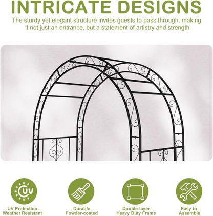 Outvita 7FT Garden Arch Arbor with Entry Door, Heavy Duty Metal Arbour Archway, Decorative Frame Stand Trellis with Ground Stakes for Wedding Ceremony Party Plant Climbing Rose Vines Patio Black