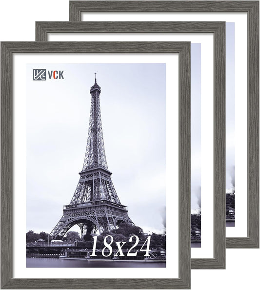 VCK 18x24 Frame Set of 3, Gray Solid Wood Poster Picture Frame, Exclusive Wood Grain, Wall Gallery Frame
