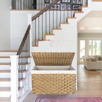 Wicker Storage Basket with Lid, 42.3 Gallon (160L) Large Blanket Basket with Lid, Woven Storage Bin with Handles, Removable Liner, Metal Frame, Foldable, for Bedroom, Laundry Room, Natural