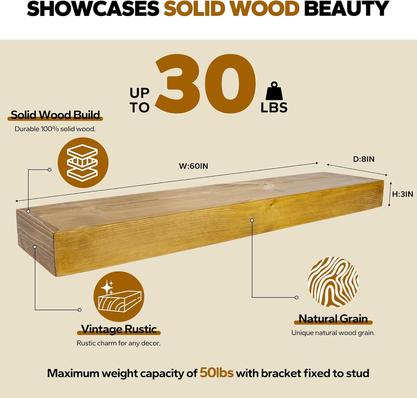 Floating Shelves 3 inch Thick for Wall Set of 2,Solid Pine Wood Wall Mount Shelf for Kitchen Living Room Bedroom Bathroom,8" D x 60" L x 3" H-Gold Oak