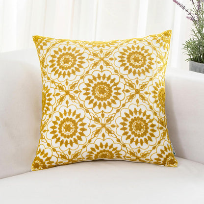 HWY 50 Yellow Decorative Throw Pillow Covers 18x18 Inch (1 Piece), Embroidered Cotton Farmhouse Cushion Cover Pillow Case for Sofa Couch Living Room Bed, Little Sunflower