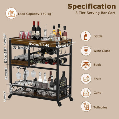 Vintage Bar Cart with Removable Tray and Wheels, Mobile Home Bar Serving Cart with Wine Rack, Glass Holder and Storage Shelves, 3-Tier Rolling Beverage Cart for Home or Patio