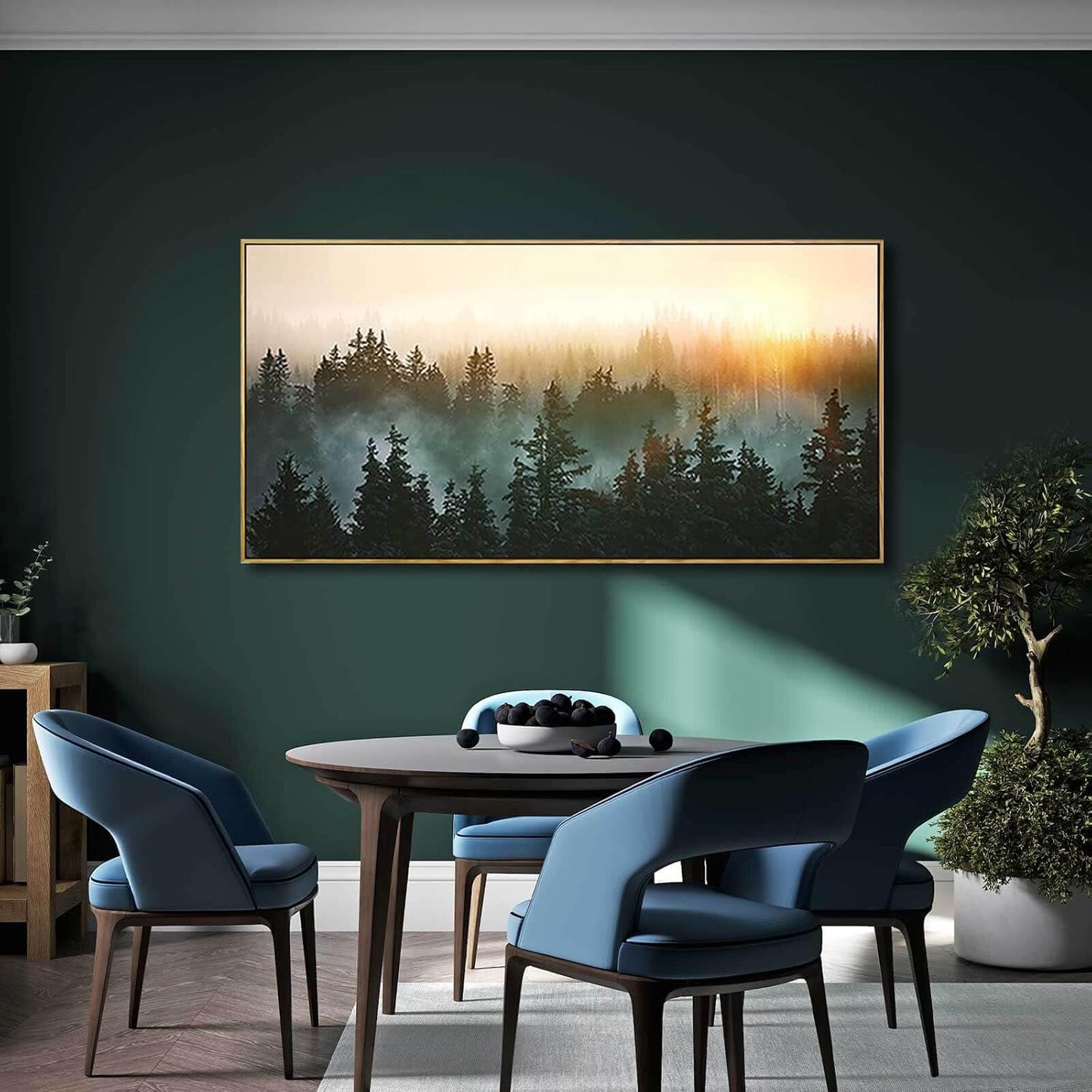 Living Room Wall Art Sunrise Misty Forest 24"x48" Modern Home Wall Decor Plants Wall Decorations Framed Artwork for Bedroom Dining Room Office Hotel
