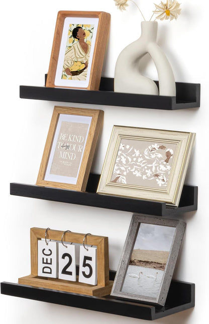 Picture Ledge Wall Shelves - 16 Inch Width Set of 3, Solid Pine Wood Rustic Floating Ledge Shelves for Kids' Room, Bedroom, Kitchen, Bathroom, Living Room, Nursery Display Decor, Black