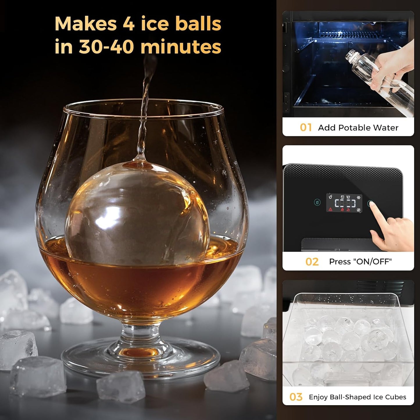 Whiskey Clear Ice-Ball Maker - 2" Slow-Melting Sphere Ice Maker, 4 pcs in 30 Mins 144 Pcs/Day, Round Cube Machine with Automatic Freeze Tech, Water Supply Self-Cleaning for Scotch, Bourbon