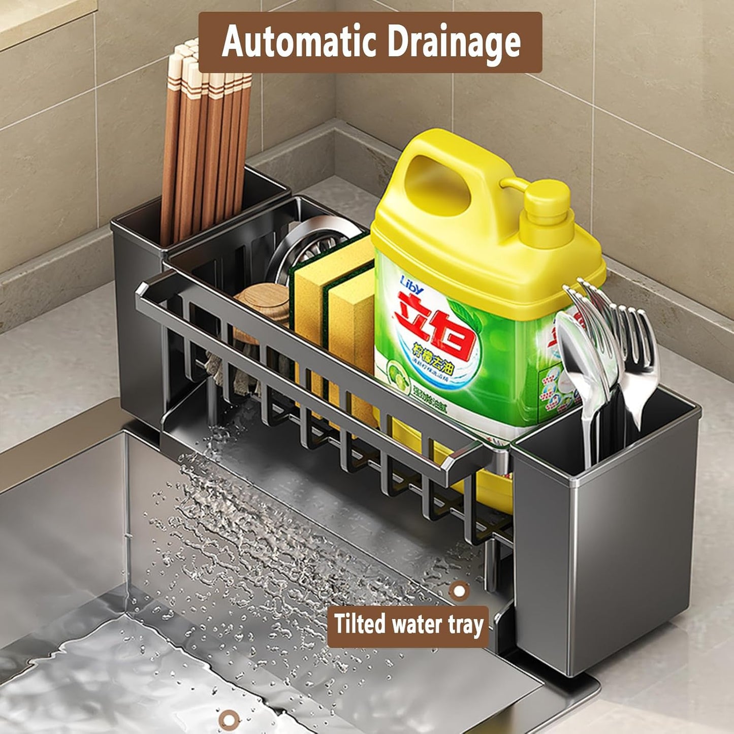 Utensil Holder, 3 Compartments Utensil Drying Rack, Dish Drainer for Kitchen Counter,Kitchen Utensils Holder with Towel Bar,Self-Draining Tray Design(Black)