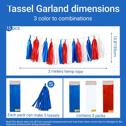 Red White Navy Paper Tassel, 15 Pack, Party Decorations for Birthday, Baby Shower, Sport Game,Graduation