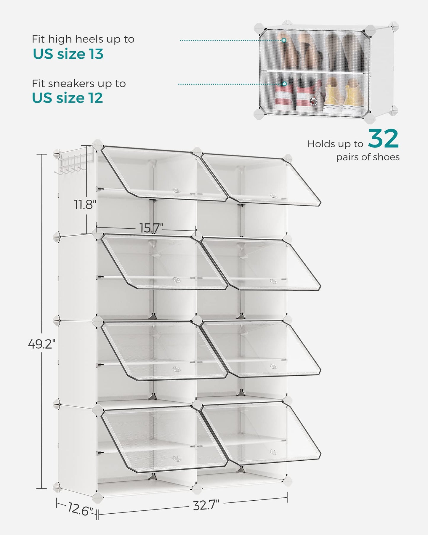 SONGMICS Shoe Rack Organizer, 8-Tier Shoe Storage Cabinet for Closet and Entryway, Holds 32 Pairs