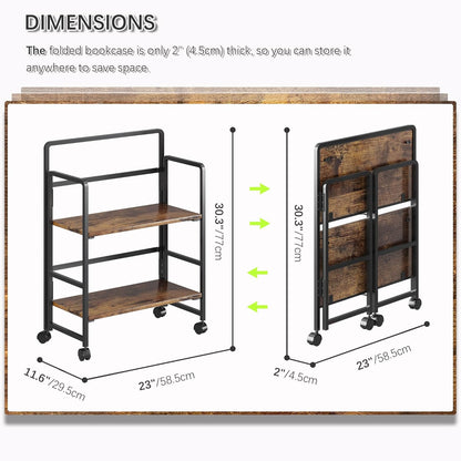 4NM 2 Tiers No-Assembly Folding Bookshelf with Wheels, Portable Rolling Storage Bookcase & Compact Side Table for Living Room, Bedroom, Kitchen, Bathroom (Rustic Brown and Black)