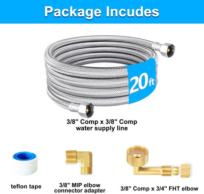 Dishwasher Installation Kit - 20 FT Premium Stainless Steel Braided Dishwasher Hose kit,Food Grade PEX Inner Tube Dishwasher Water Supply Line with 3/8"x3/8"MIP Elbow,3/8"x 3/4" FHT Elbow