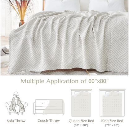 jinchan Boho 100% Cotton Blanket Muslin Twin Size 60x80 Inches Lightweight 3-Layer Geometric Square Pattern Reversible Quilt Throw Soft Breathable Comfy All Seasons for Couch Bed Decor, Light Grey