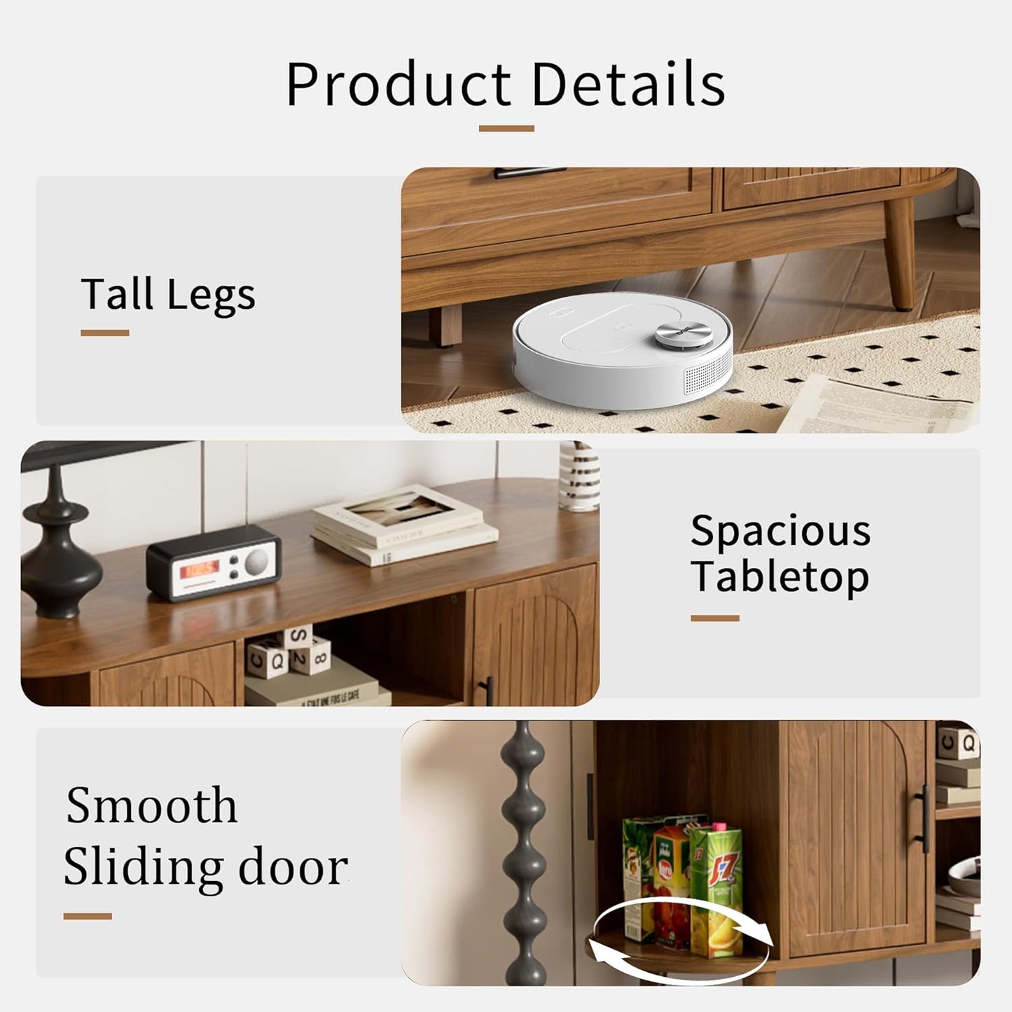 63" Fluted TV Stand for Tvs up to 70", Mid-Century Modern Entertainment Center with Drawers and Fluted Doors, Curved TV Media Console Table with Sliding Doors for Living Room, Bedroom (63")