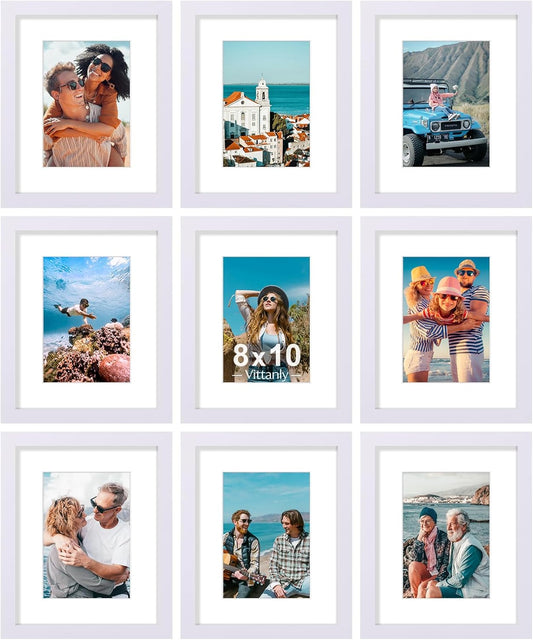 Vittanly 8x10 Picture Frames Set of 9, Shatter Resistant Plexiglass, Display 5x7 Pictures with Mat or 8x10 without Mat, Photo Frames for Wall or Tabletop, Engineered Wood, White