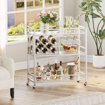 FATORRI Bar Cart Silver, Bar Carts for The Home, Home Bar Serving Carts for Liquor, Rolling Wine Cart with 3 Tier Mirrored Shelves on Wheels for Alcohol and Beverage (Silver)