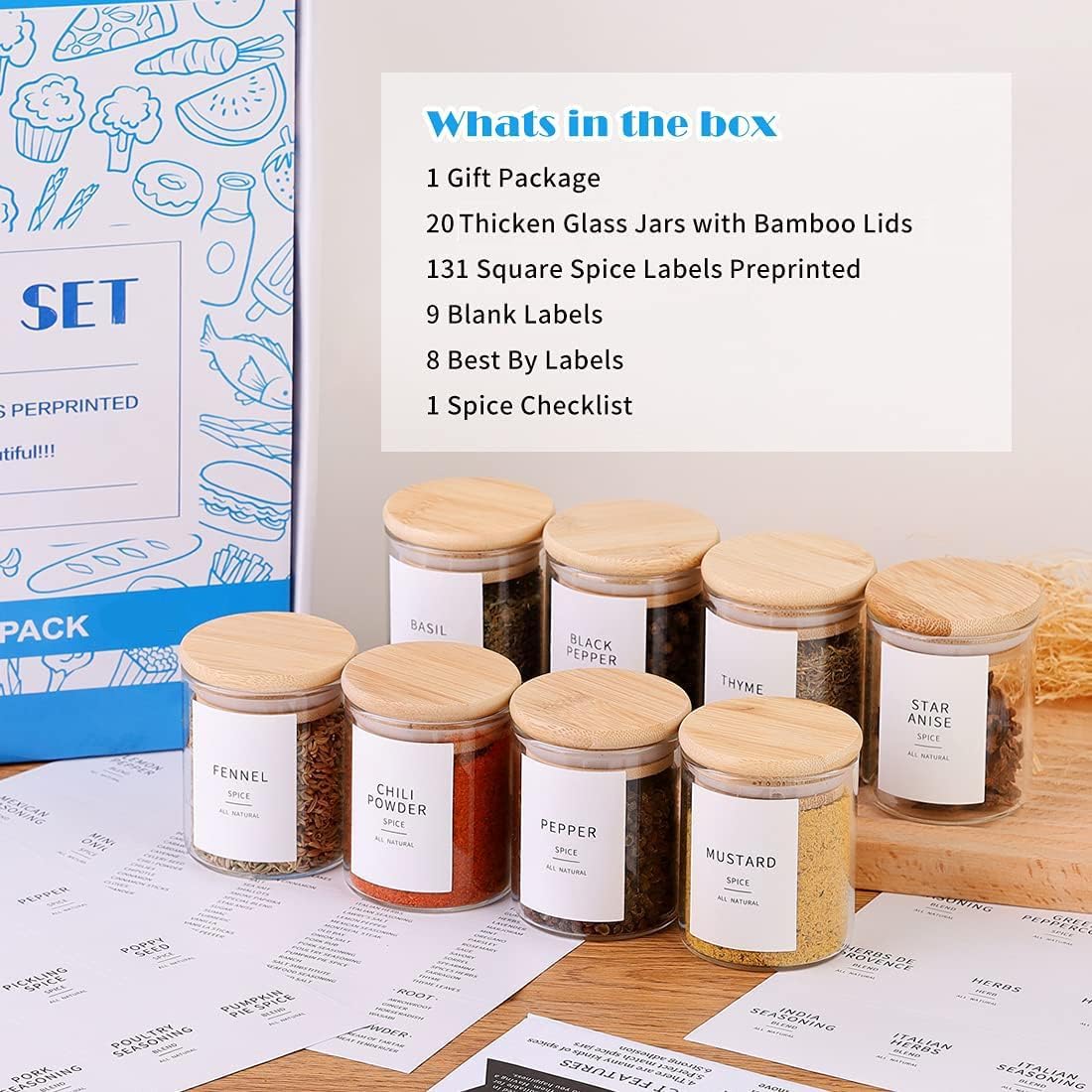 Glass Spice Jars with Bamboo Lids - 20 Pcs Thicken(2.4mm) 6oz Airtight Seasoning Containers with 131 Waterproof Minimalist Spice labels Preprinted - Small herb Jars for Pantry Organization and Storage