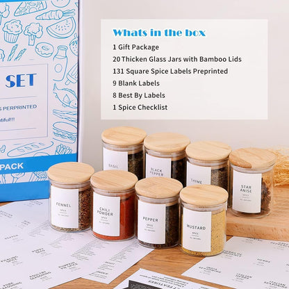 Glass Spice Jars with Bamboo Lids - 20 Pcs Thicken(2.4mm) 6oz Airtight Seasoning Containers with 131 Waterproof Minimalist Spice labels Preprinted - Small herb Jars for Pantry Organization and Storage