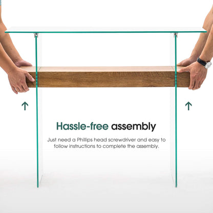 ivinta Glass Console Table with Storage, 39.4" Modern Narrow Entryway Table for Living Room, Entrance, Hallway or Bedroom 5101 (Natural Wood)