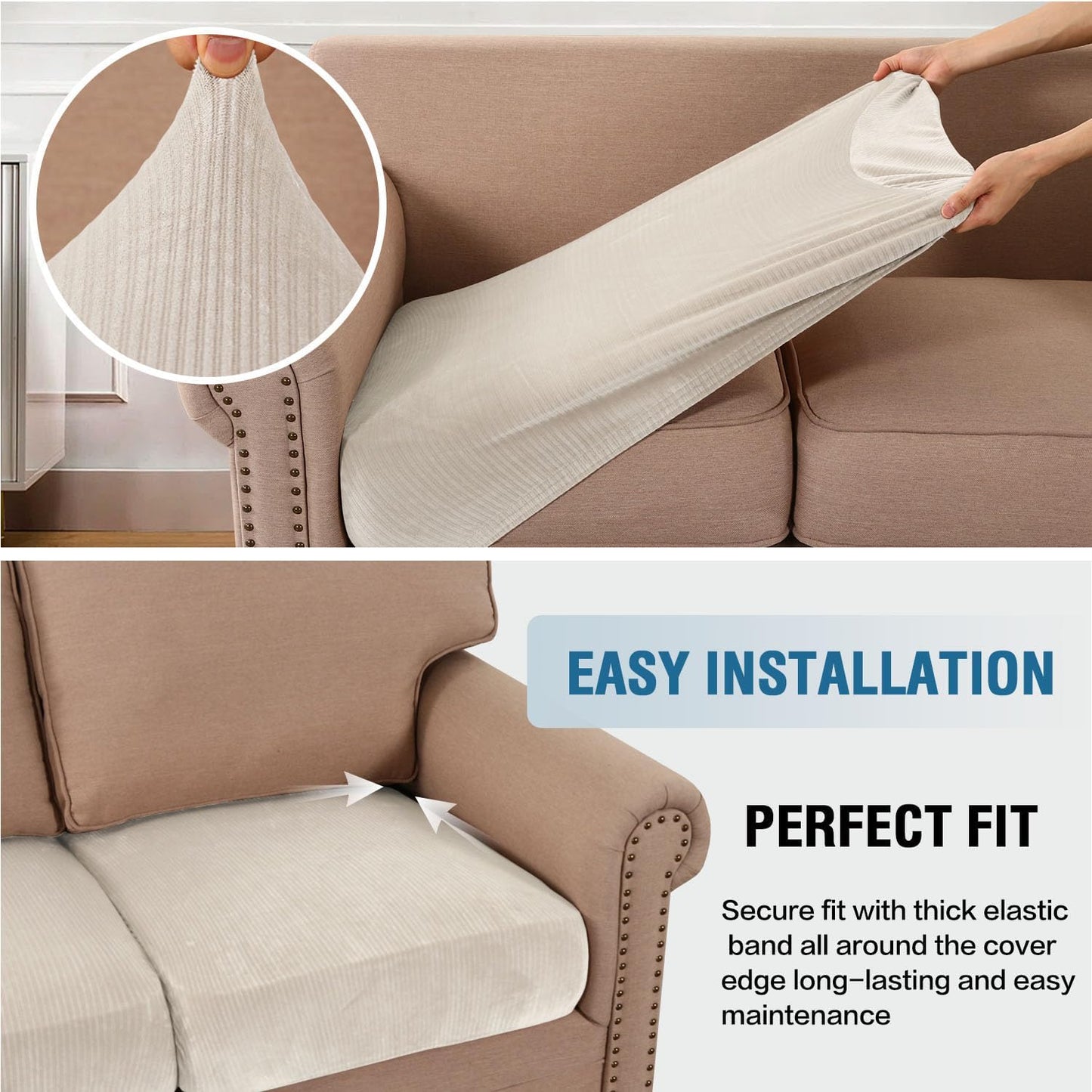 H.VERSAILTEX Velvet Stretch Couch Cushion Cover Plush Cushion Slipcover for Chair Loveseat Sofa Cushion Furniture Protector Seat Cushion Sofa Cover (3 Piece XL Sofa Cushion Covers, Ivory Striped)