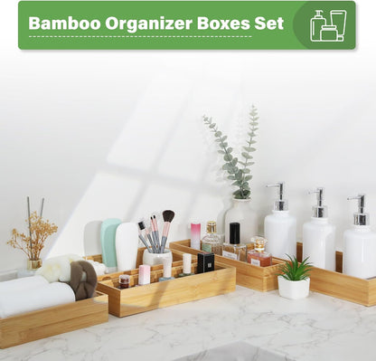 Bamboo Drawer Organizer, 2PCS Stackable Storage Boxes for Utensil Organizer, Wood Tray for kitchen, Bathroom and Bedroom 12" x 6" x 2"