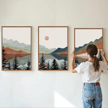 Tinonedraw Boho Mountain Framed Canvas Wall Art Set, Watercolor Nature Landscape Wall Decor, Black Pine Trees Forest Artwork, Neutral Modern Sunrise Art Prints for Living Room Bedroom Office 24"x36"x3