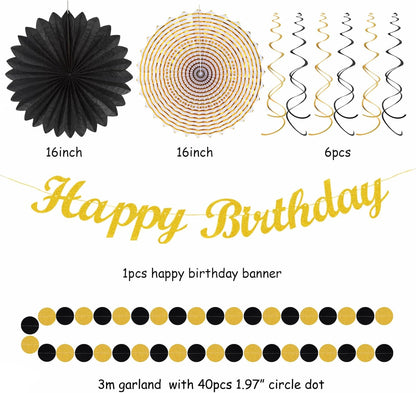 Black Gold Women-Men Birthday Party-decorations - 21pcs Happy Banner,Paper Streamers Lanterns Honeycomb,Tissue Pom Poms Fan,Classroom Birthday Supplies Decor Huglony