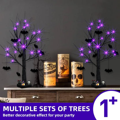 EAMBRITE Halloween Tree, Black Halloween Decorations Indoor, 2FT Spooky Tabletop Trees Battery Operated with 24LED Purple Lights 8 Bat Ornaments, Centerpieces for Tables, Home, Room(2 Pack)