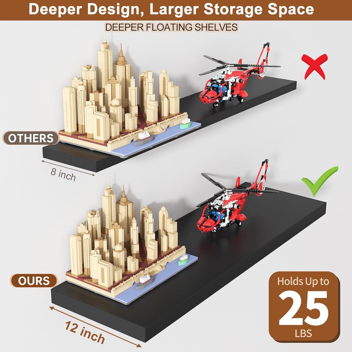 48 Inch Floating Shelf 2 Pack Large Floating Shelves for Wall No Drilling Accessories Included Deep Wall Shelves for Living Room Kitchen Farmhouse 48" W x 12" D x 1.2" Black