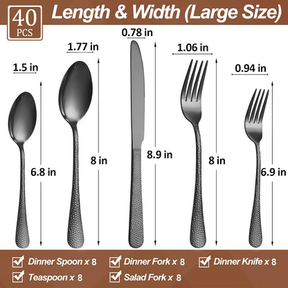 40 Pcs Black Silverware Set for 8 with Hammered Design, Food Grade Stainless Steel Flatware Set, Eating Utensils Sets Include Fork/Knife/Spoon, Cutlery Set, Dishwasher Safe