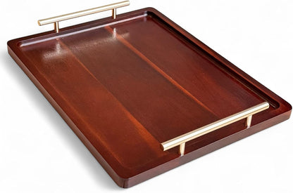 Acacia Wood Serving Tray – 17" x 13" Ottoman Tray with Metal Handles for Coffee Table, Breakfast, Snacks, Tea, Food – Decorative Wooden Tray for Kitchen, Living Room & Bedroom