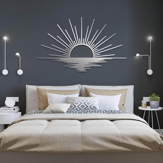 Sunrise Metal Wall Art, Metal Sun Wall Decor, Sun Outdoor Wall Art, Abstract Sunrise Wall Decor, Boho Home Hanging, Living Room Wall Hanging (Silver, 53"x32"/135x81cm)