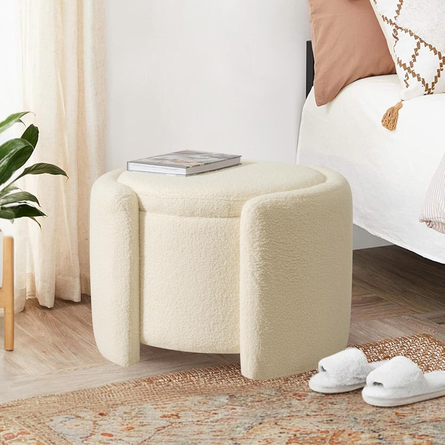Furniliving Upholstered Button Tufted Round Ottoman, Ottoman with Storage, Teddy Footrest Stool, Removable Lid Convenient Footstools, Bedroom Ottomans with Storage for Vanity, Living Room, Beige